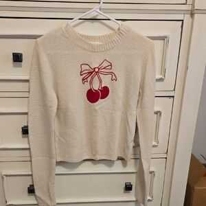 No Boundaries Cream Knit Sweater with Red Accents